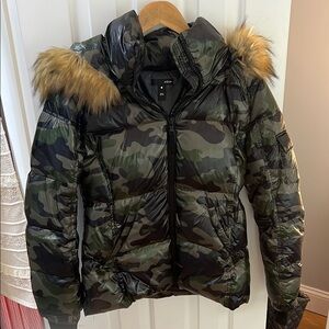 Aqua Camo Puffer Jacket with Faux Fur Hood